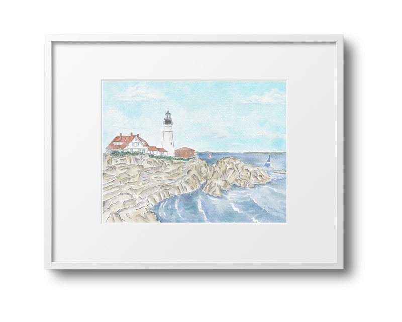 Portland Head Light Maine Watercolor Art Print