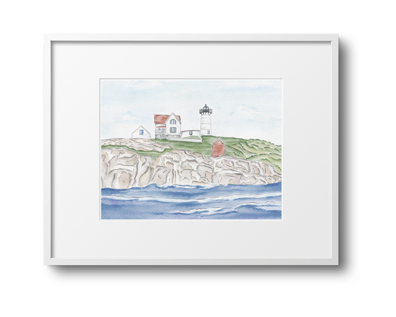 Nubble Lighthouse Maine Watercolor Art Print