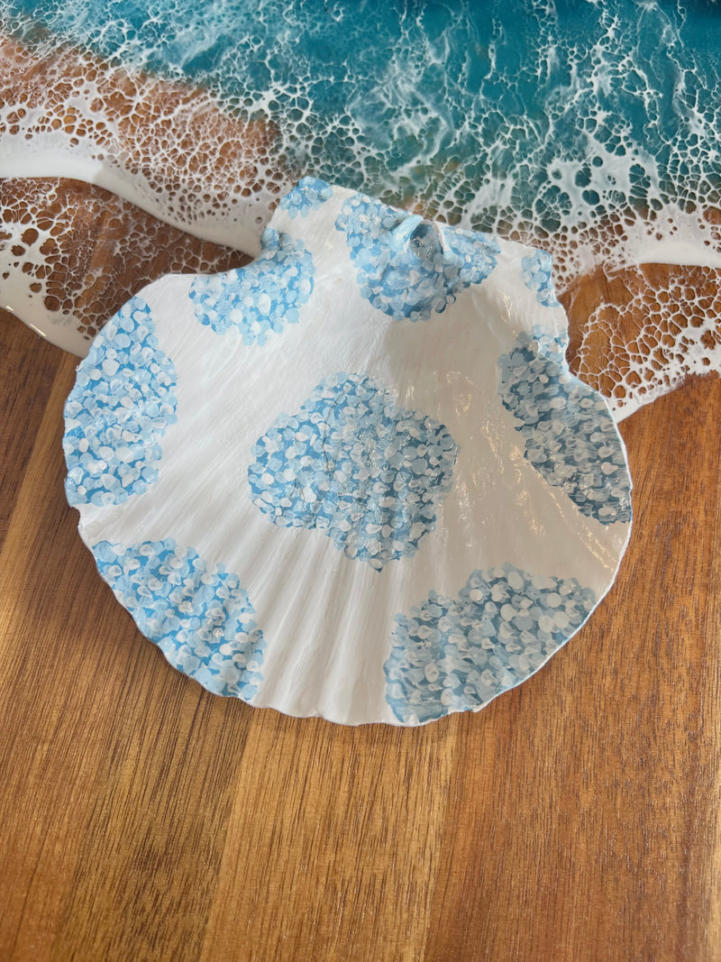 Hand Painted Hydrangea Scallop Shell Ring/Trinket Dish - Large