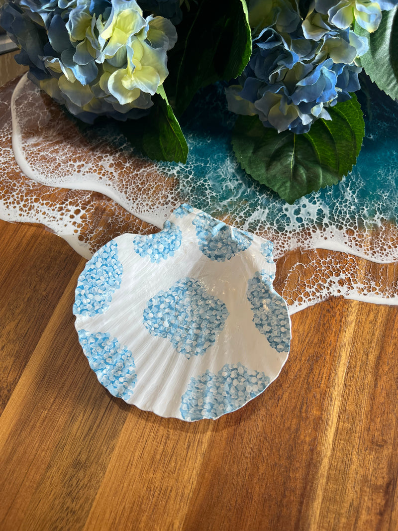 Hand Painted Hydrangea Scallop Shell Ring/Trinket Dish - Large