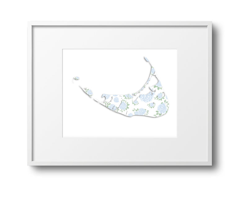White Hydrangea Nantucket Map Watercolor Art Print