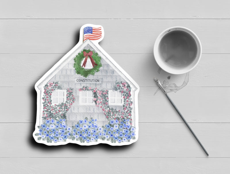 Nantucket Christmas Cottage Wreath Watercolor Sticker
