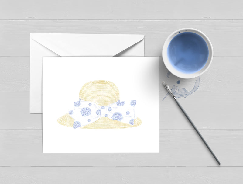 A Hydrangea Beach Hat Watercolor Greeting Card