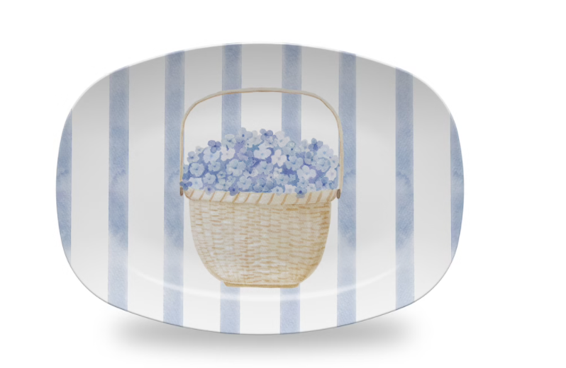 Blue hydrangea nantucket basket watercolor platter
