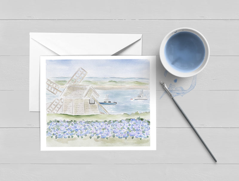 Windmill By the Sea Watercolor Greeting Card