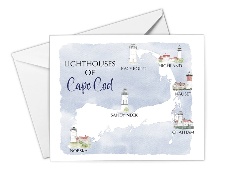 Lighthouses of Cape Cod Map Watercolor Greeting Card