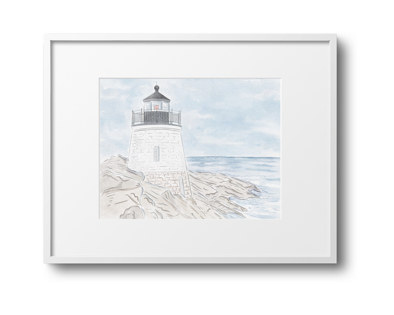 Castle Hill Lighthouse Newport, RI Watercolor Art Print